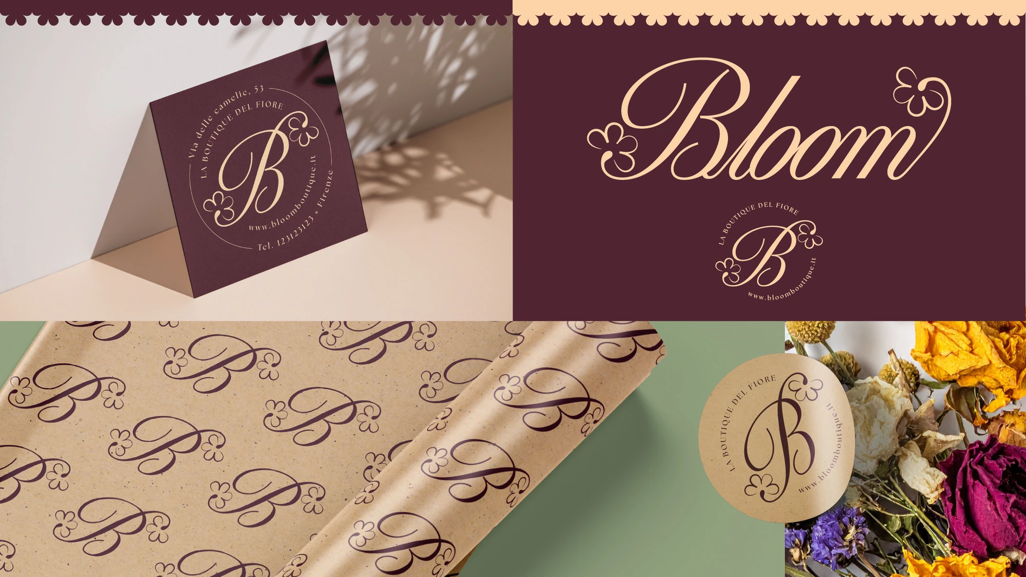 Logo e monogramma Bloom su cartoncino, carta decorata e confezione floreale