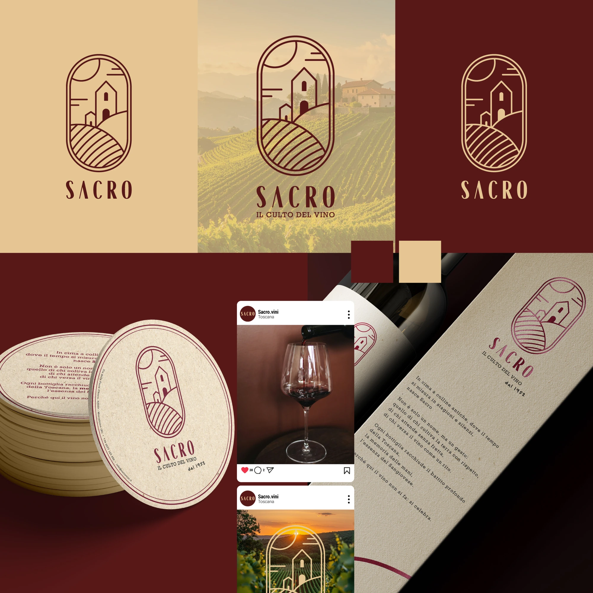 Logo Sacro, sottobicchieri, etichetta e applicazioni del sistema visivo