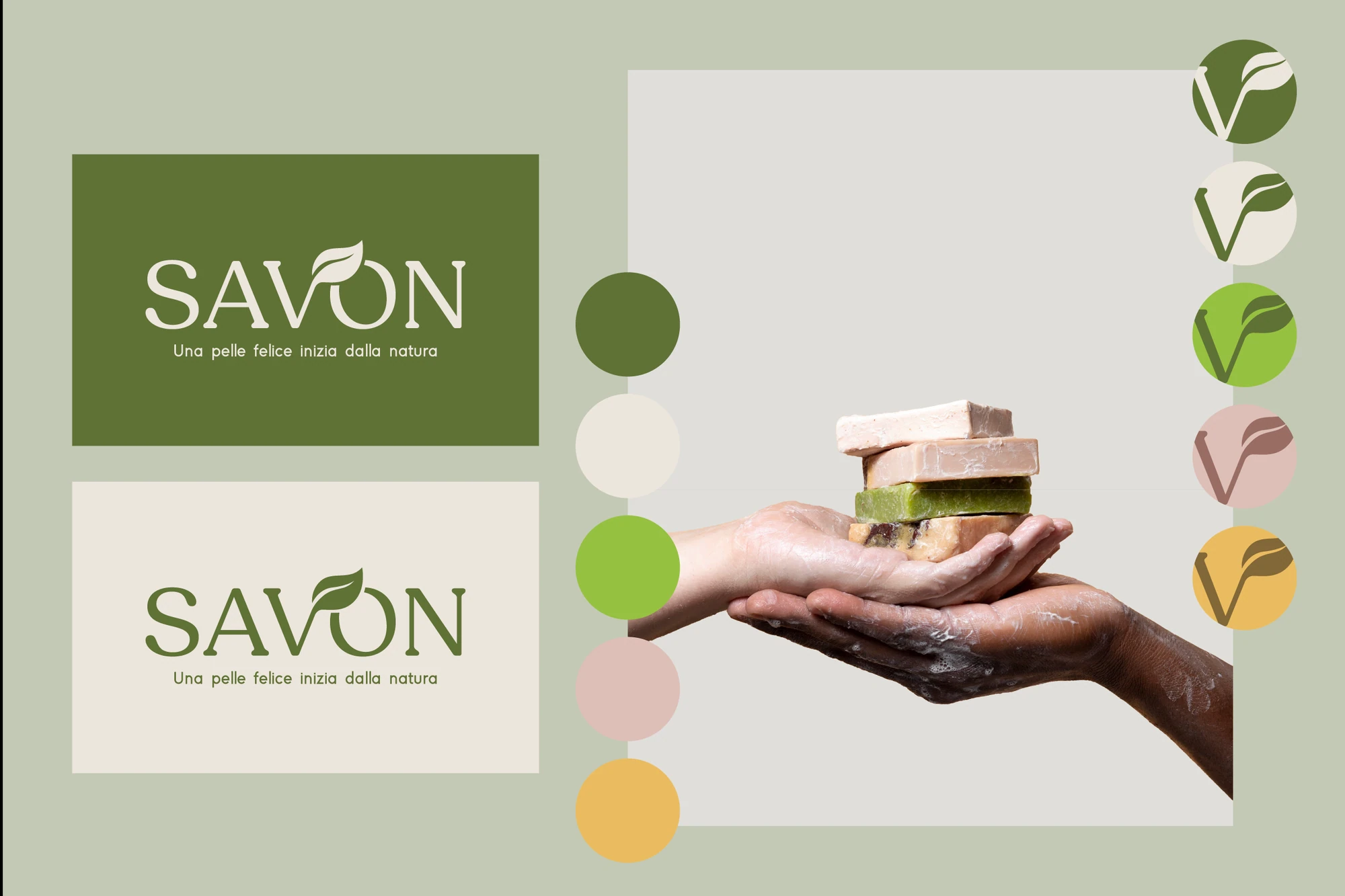 Logo Savon, palette colori, foglia stilizzata e saponi su due mani