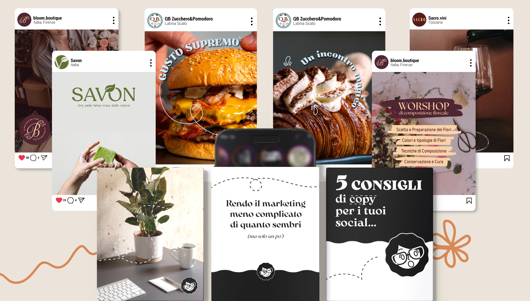 Selezione di grafiche per post, storie e reel, con esempi di identità visive e impaginazioni social