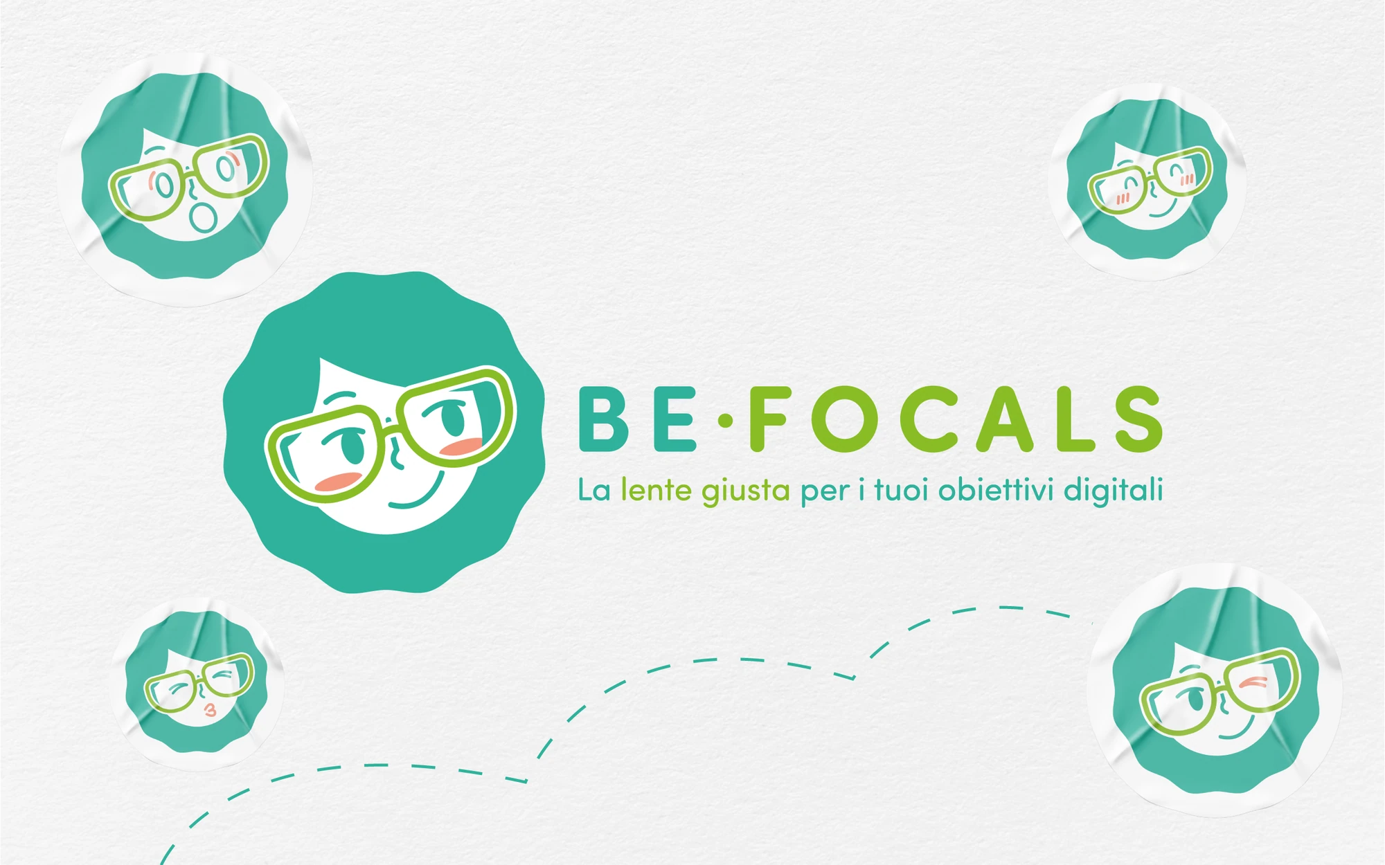 Logo Be Focals con ritratto illustrato e occhiali su fondo chiaro