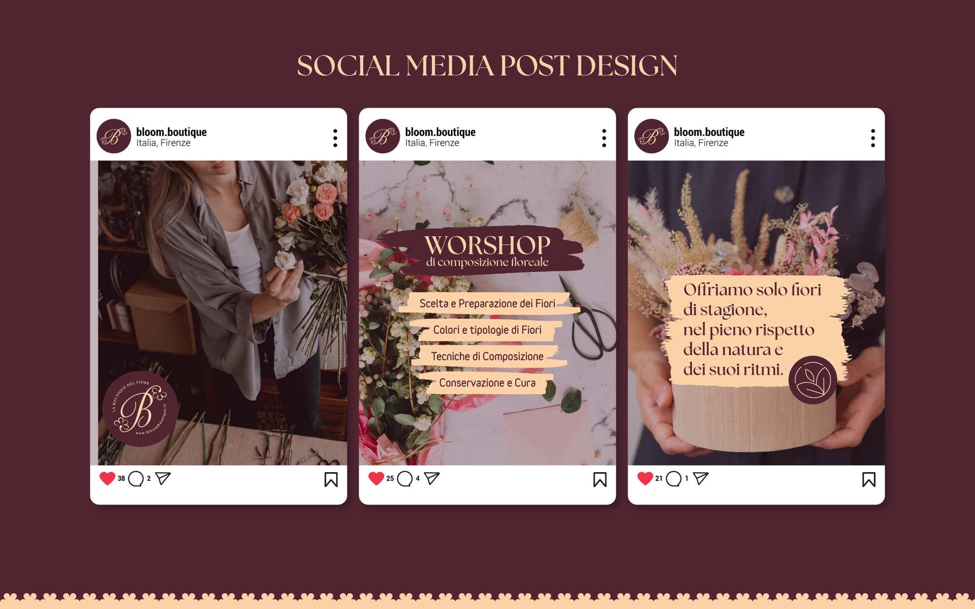 Tre esempi di post social Bloom con identità bordeaux e pesca