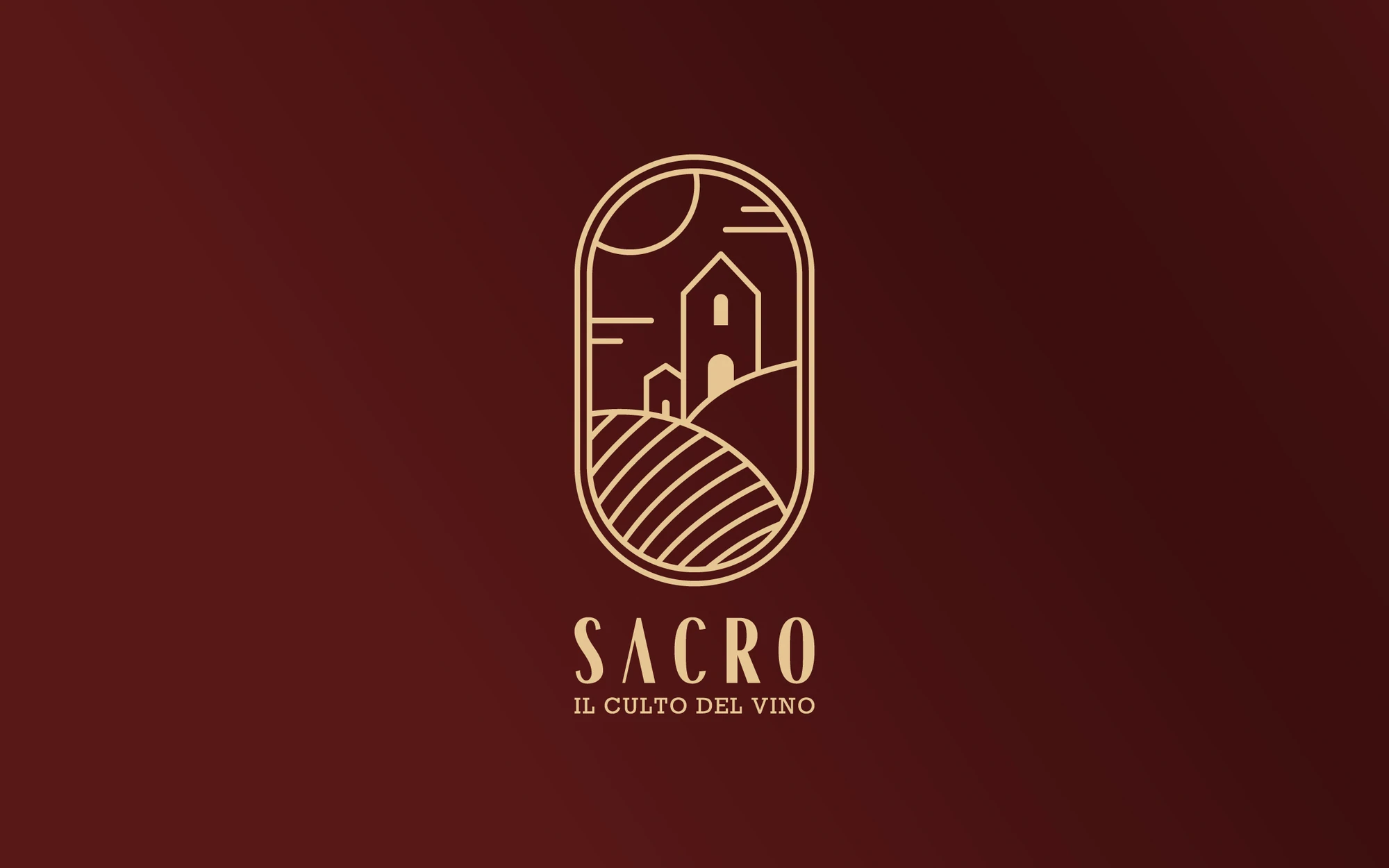Logo Sacro con paesaggio stilizzato e payoff Il culto del vino su fondo bordeaux