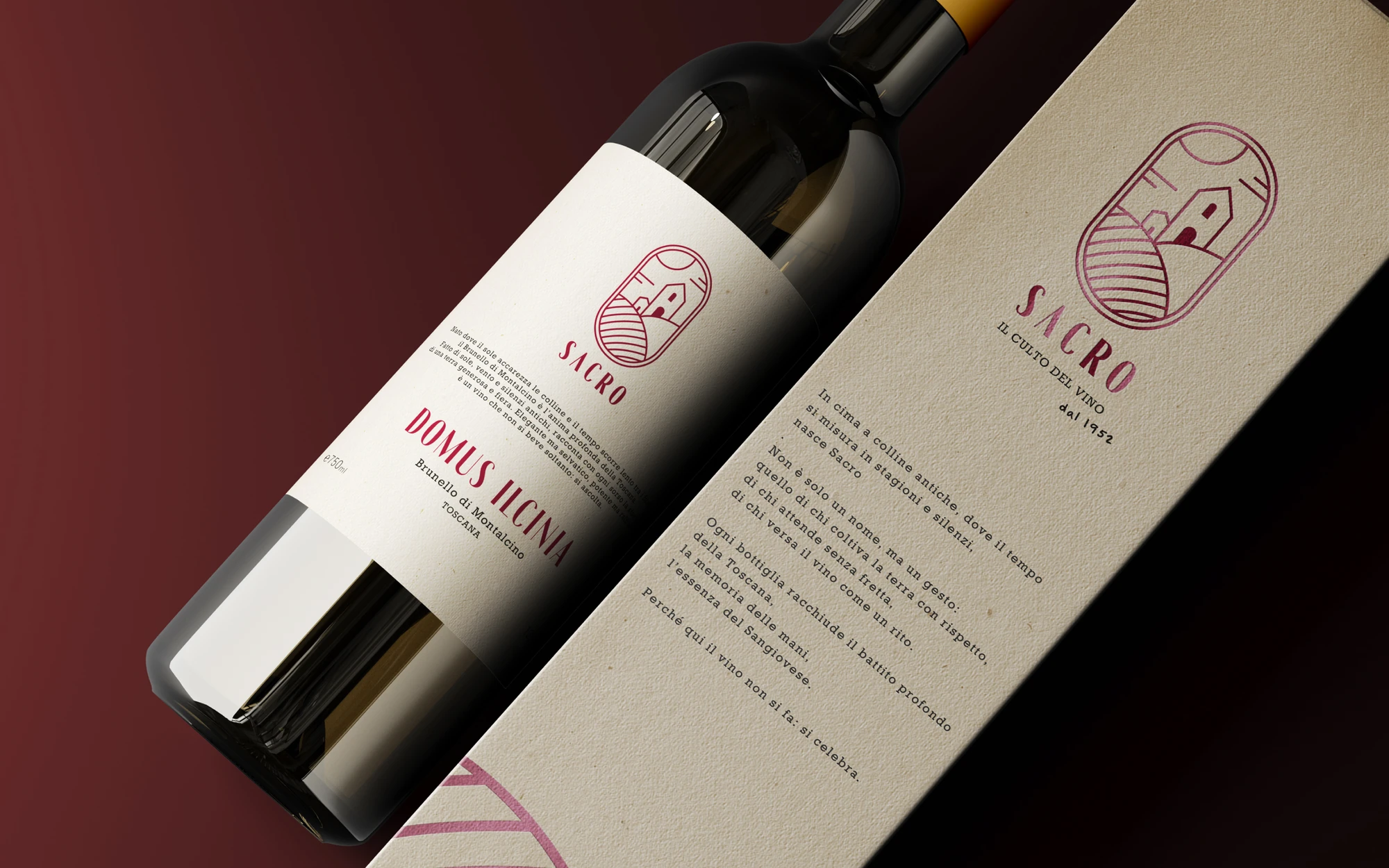 Mockup di bottiglia Sacro con fronte e retro delle etichette