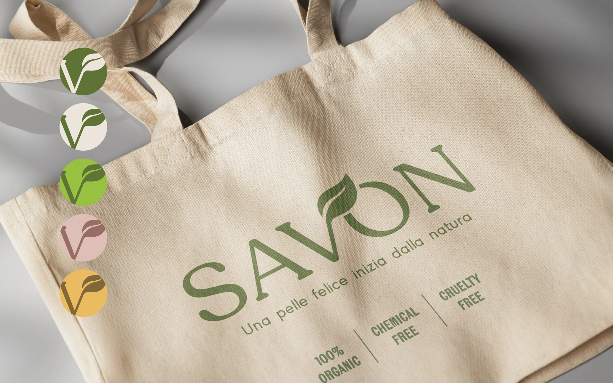 Mockup di shopper Savon con foglia stilizzata e palette colori