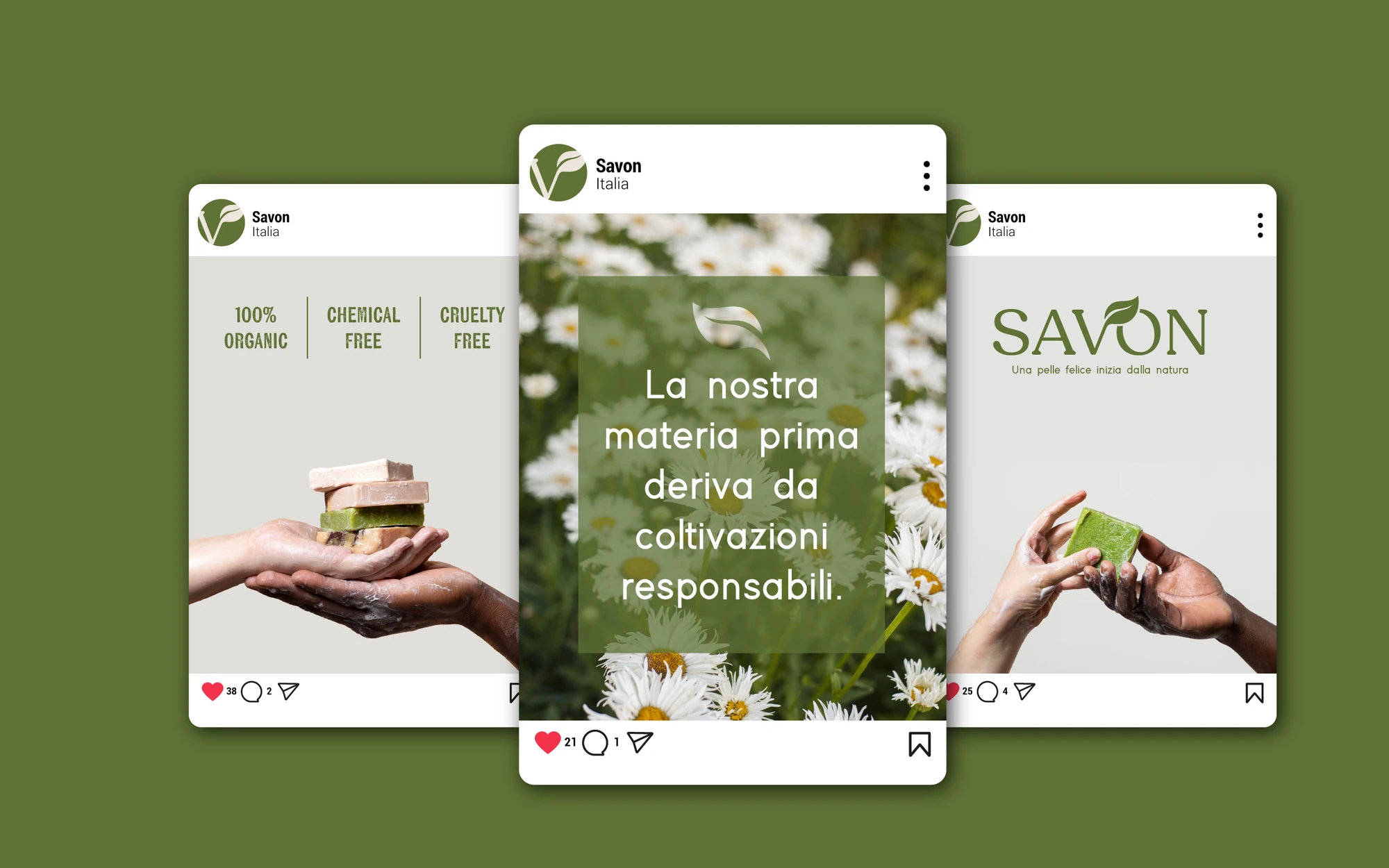 Tre esempi di post social Savon con palette verde e chiara